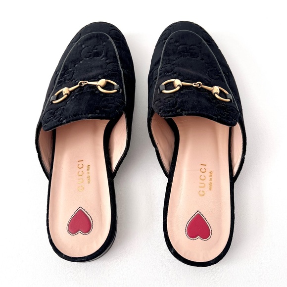 GUCCI | Princetown Black Velvet Monogram GG Logo Horsebit Loafer Slide US 7 - Picture 5 of 11
